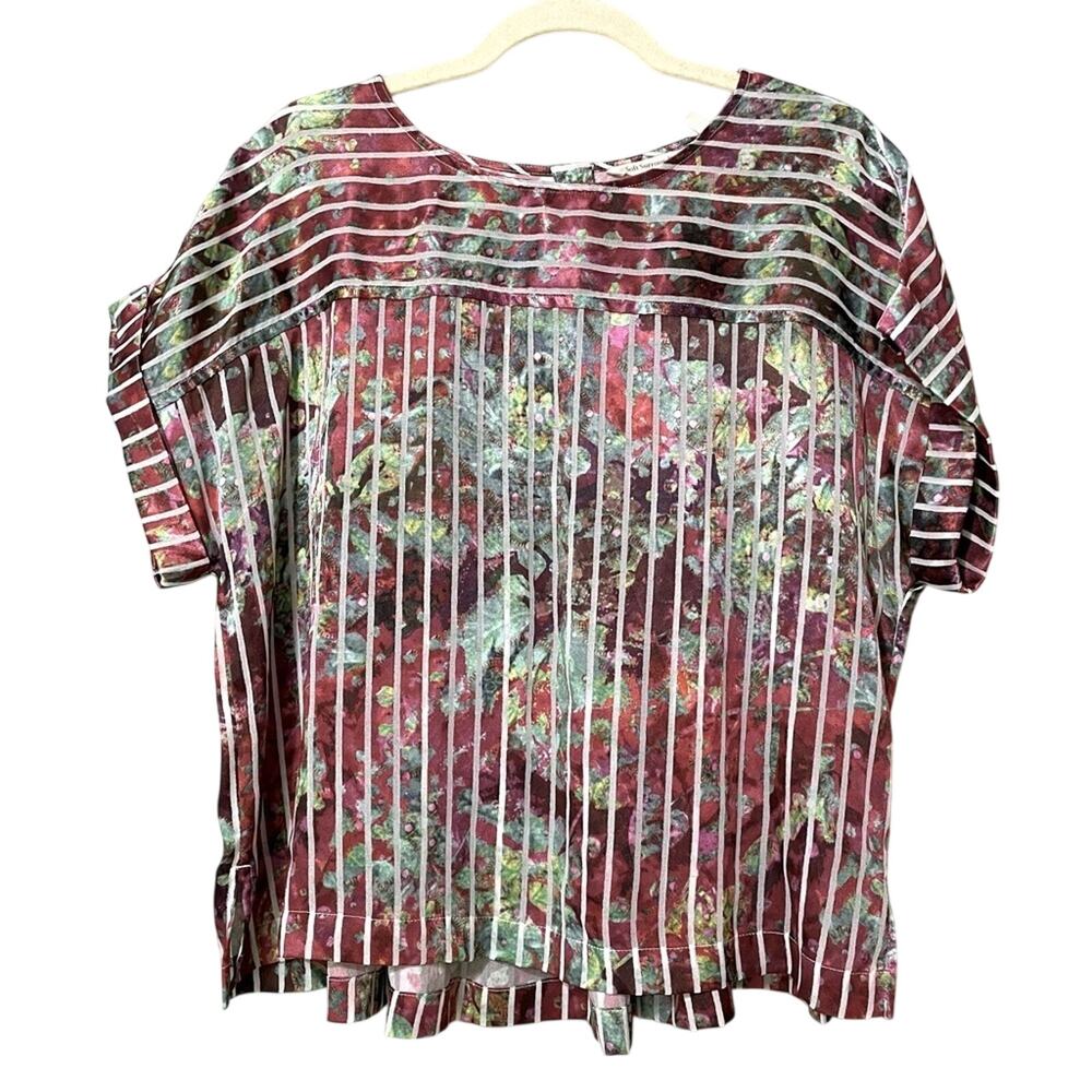 Soft Surroundings Red & Green Abstract Print Striped Short Sleeve Blouse Women L